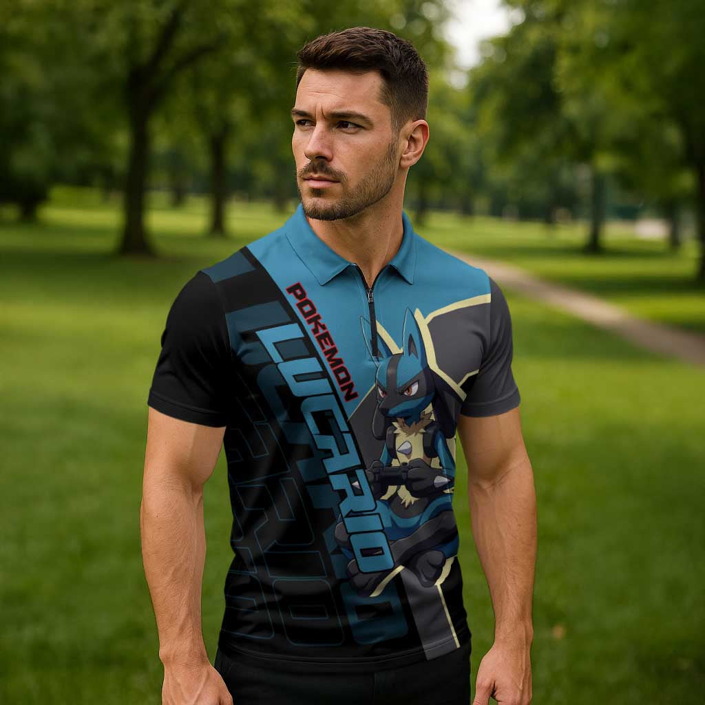 Lucario Poké Zipper Polo Shirt Edgy Retro Anime Style