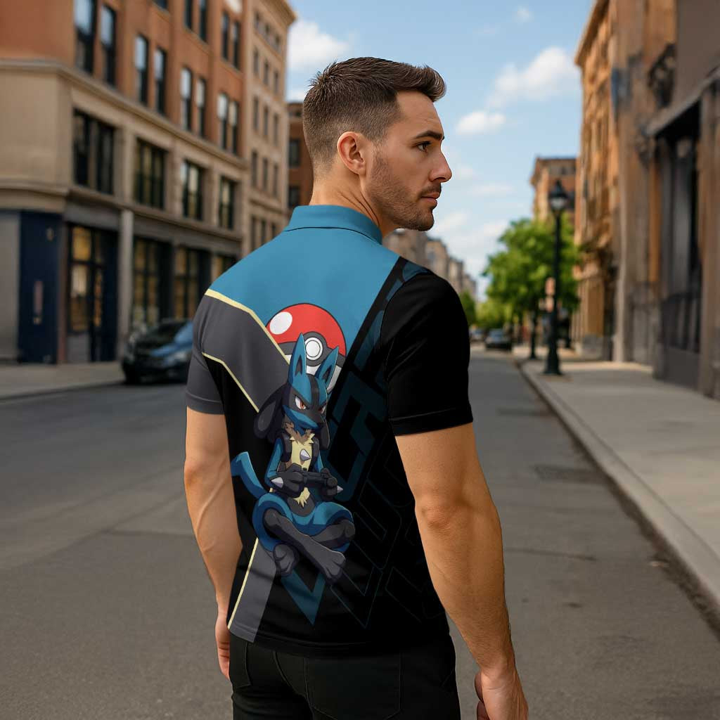 Lucario Poké Zipper Polo Shirt Edgy Retro Anime Style