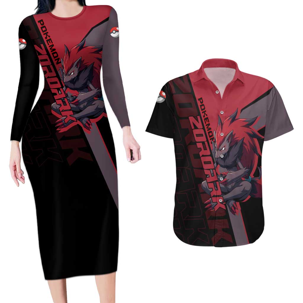 Zoroark Poké Couples Matching Long Sleeve Bodycon Dress and Hawaiian Shirt Dark Neon Anime Style