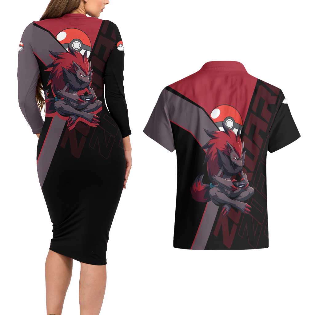 Zoroark Poké Couples Matching Long Sleeve Bodycon Dress and Hawaiian Shirt Dark Neon Anime Style