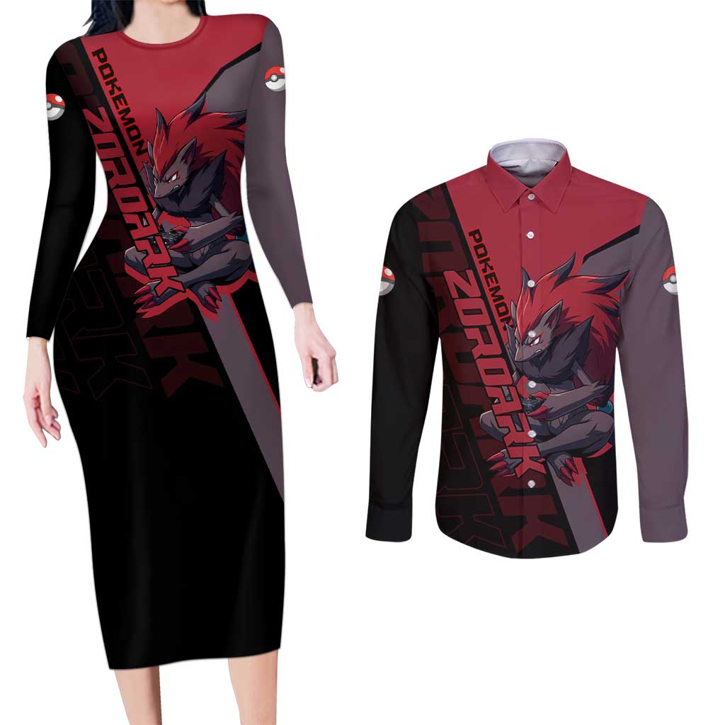 Zoroark Poké Couples Matching Long Sleeve Bodycon Dress and Long Sleeve Button Shirt Dark Neon Anime Style