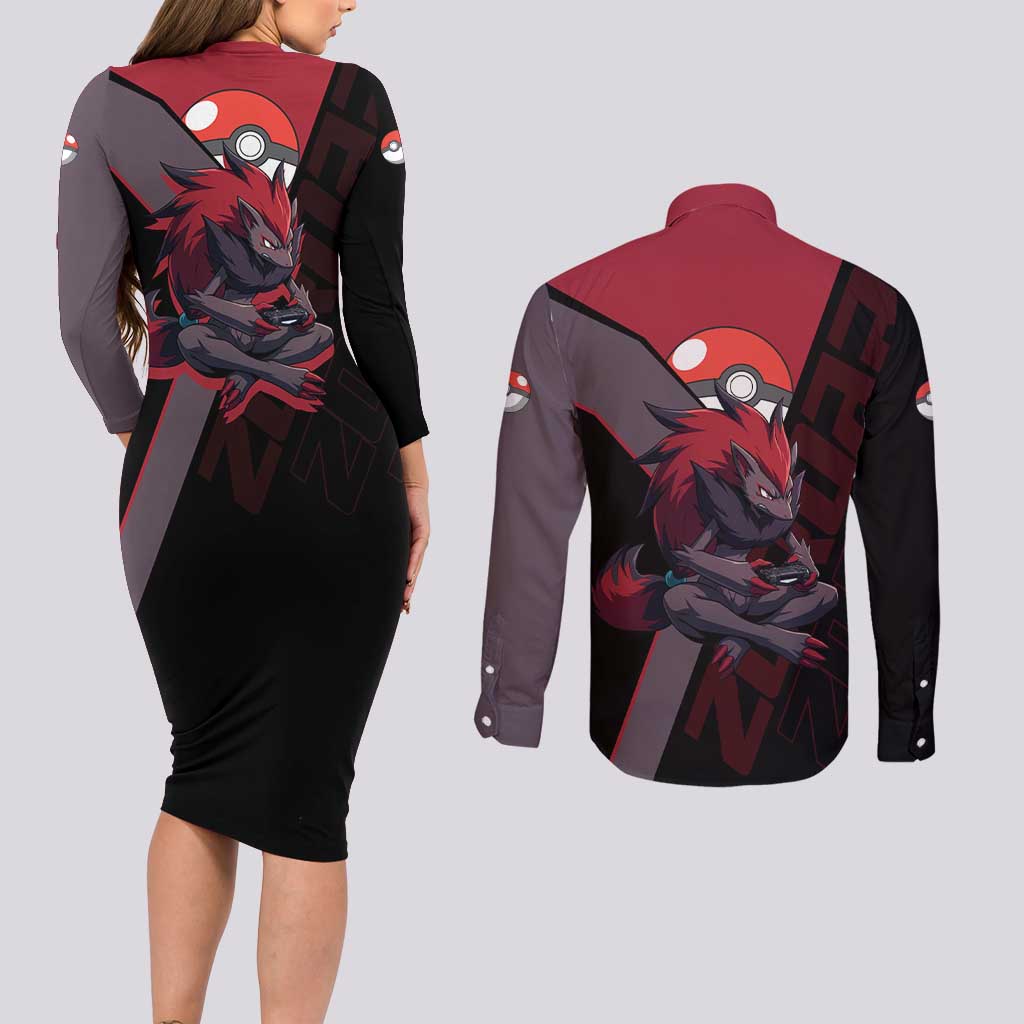 Zoroark Poké Couples Matching Long Sleeve Bodycon Dress and Long Sleeve Button Shirt Dark Neon Anime Style