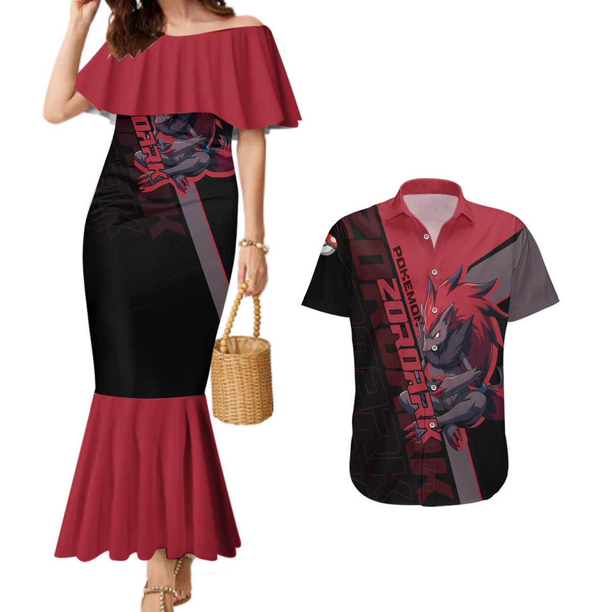 Zoroark Poké Couples Matching Mermaid Dress and Hawaiian Shirt Dark Neon Anime Style