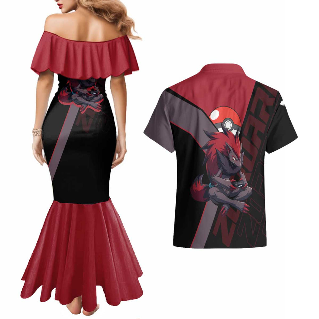 Zoroark Poké Couples Matching Mermaid Dress and Hawaiian Shirt Dark Neon Anime Style