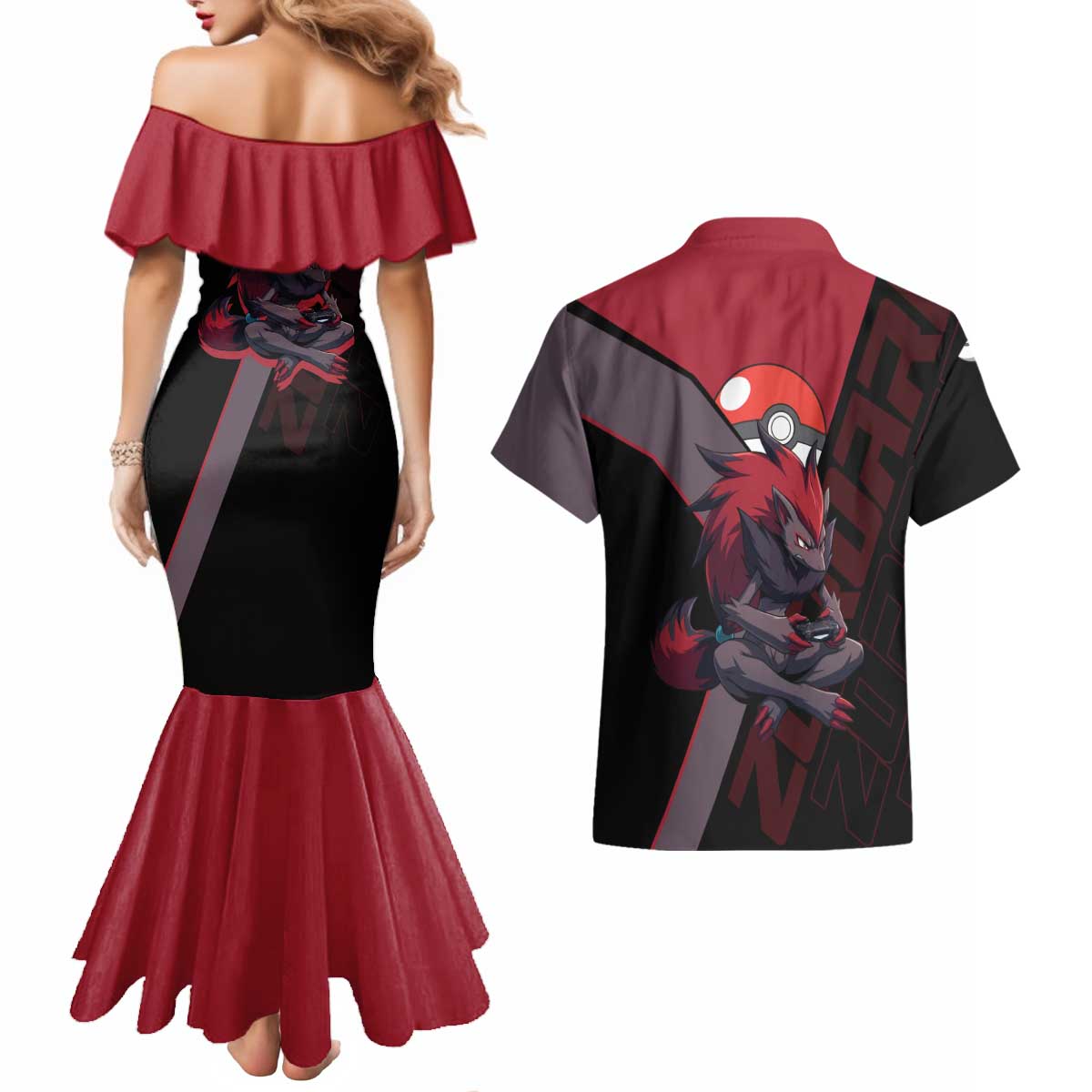 Zoroark Poké Couples Matching Mermaid Dress and Hawaiian Shirt Dark Neon Anime Style