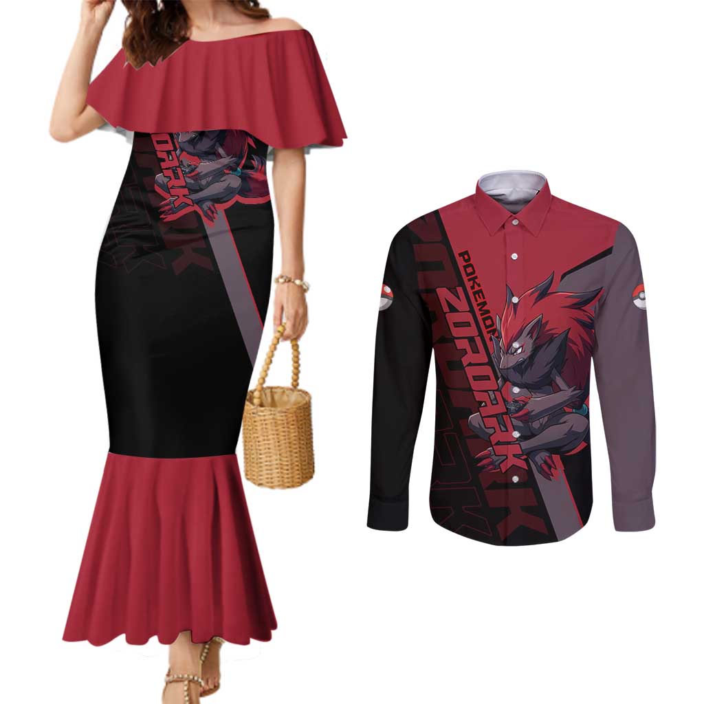 Zoroark Poké Couples Matching Mermaid Dress and Long Sleeve Button Shirt Dark Neon Anime Style