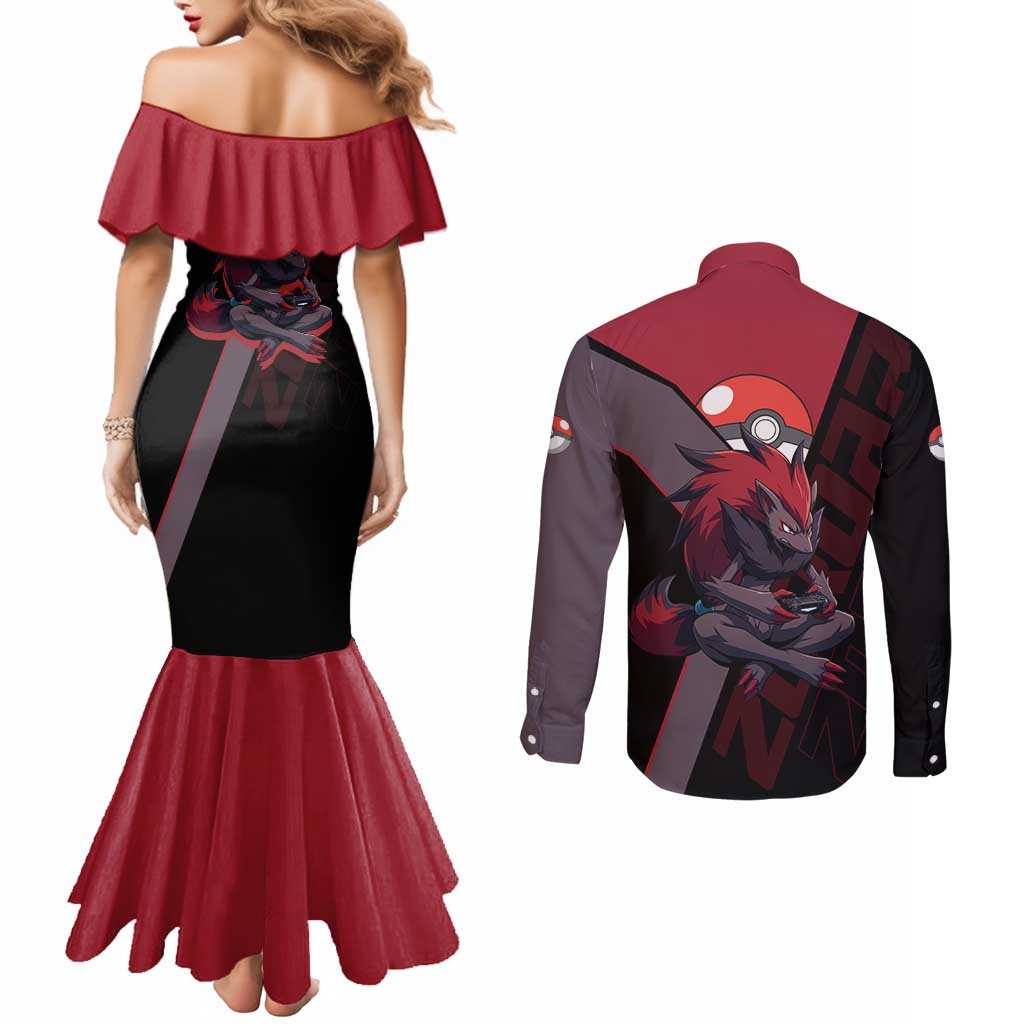 Zoroark Poké Couples Matching Mermaid Dress and Long Sleeve Button Shirt Dark Neon Anime Style