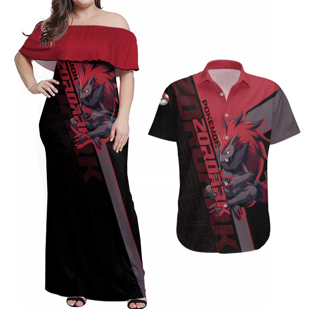Zoroark Poké Couples Matching Off Shoulder Maxi Dress and Hawaiian Shirt Dark Neon Anime Style