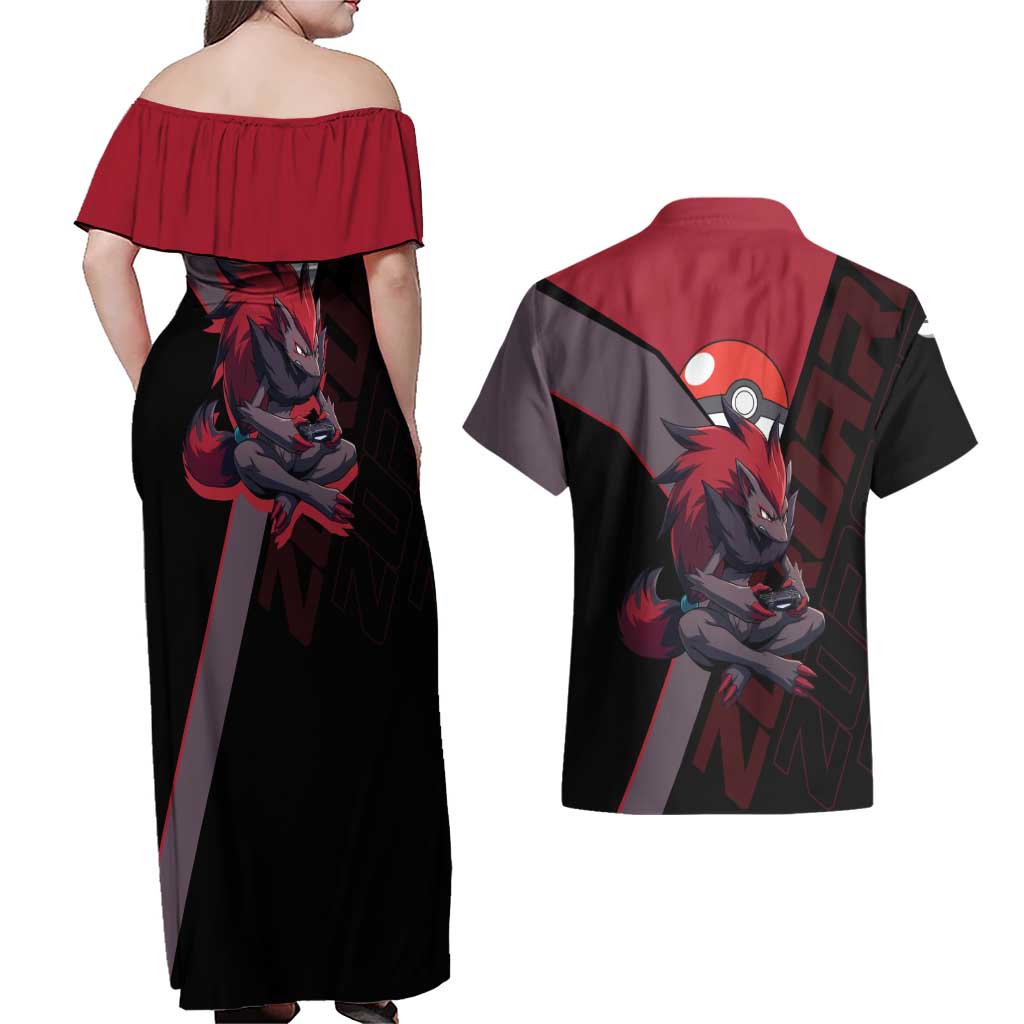Zoroark Poké Couples Matching Off Shoulder Maxi Dress and Hawaiian Shirt Dark Neon Anime Style