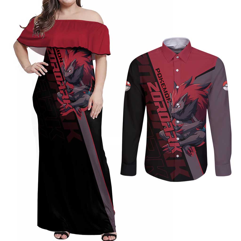 Zoroark Poké Couples Matching Off Shoulder Maxi Dress and Long Sleeve Button Shirt Dark Neon Anime Style