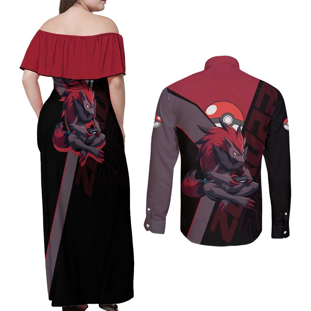 Zoroark Poké Couples Matching Off Shoulder Maxi Dress and Long Sleeve Button Shirt Dark Neon Anime Style