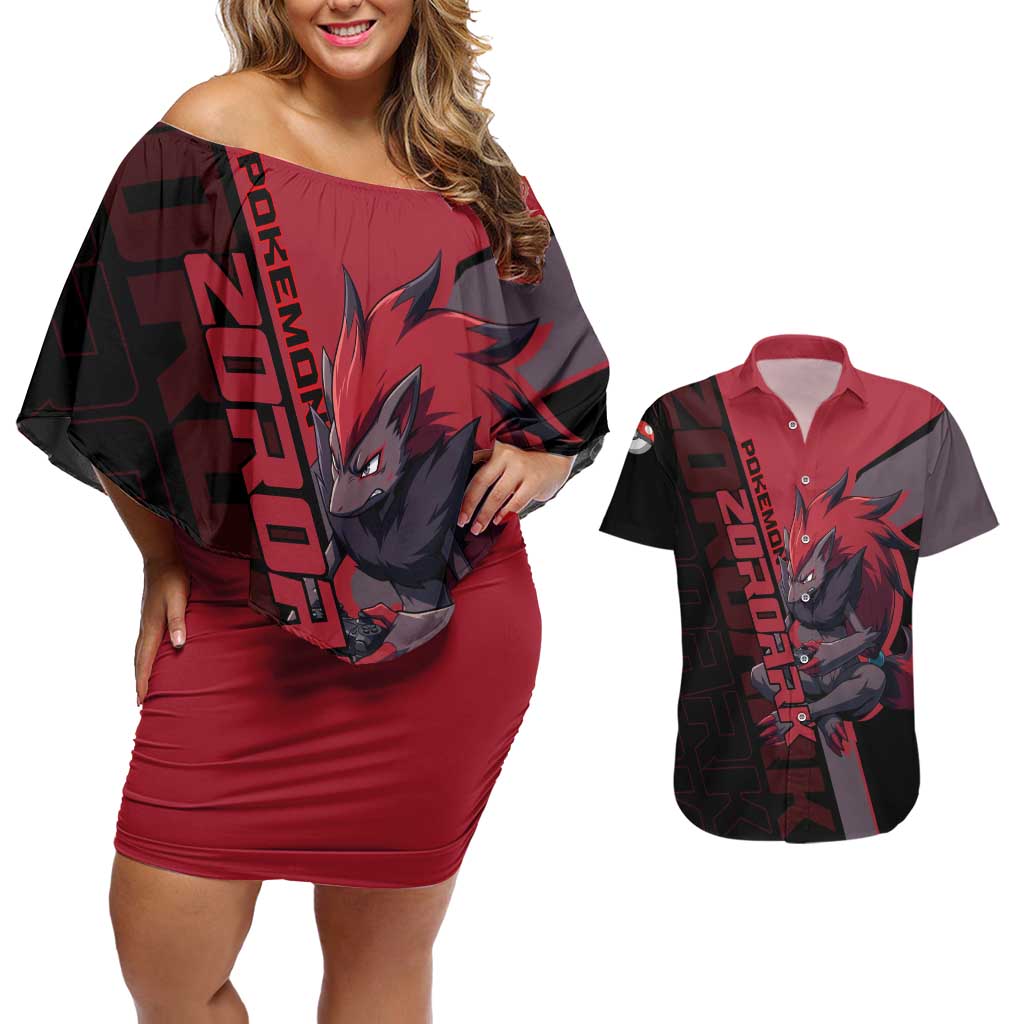 Zoroark Poké Couples Matching Off Shoulder Short Dress and Hawaiian Shirt Dark Neon Anime Style