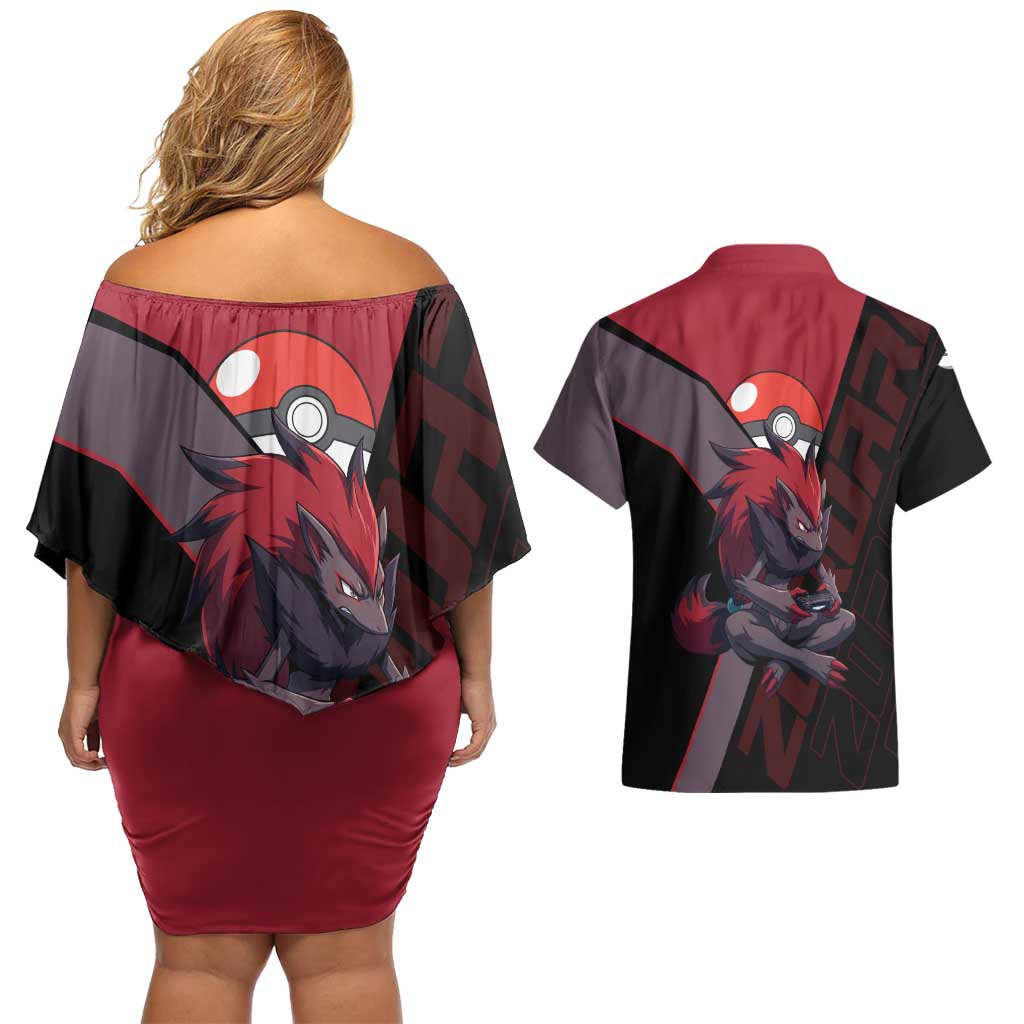 Zoroark Poké Couples Matching Off Shoulder Short Dress and Hawaiian Shirt Dark Neon Anime Style
