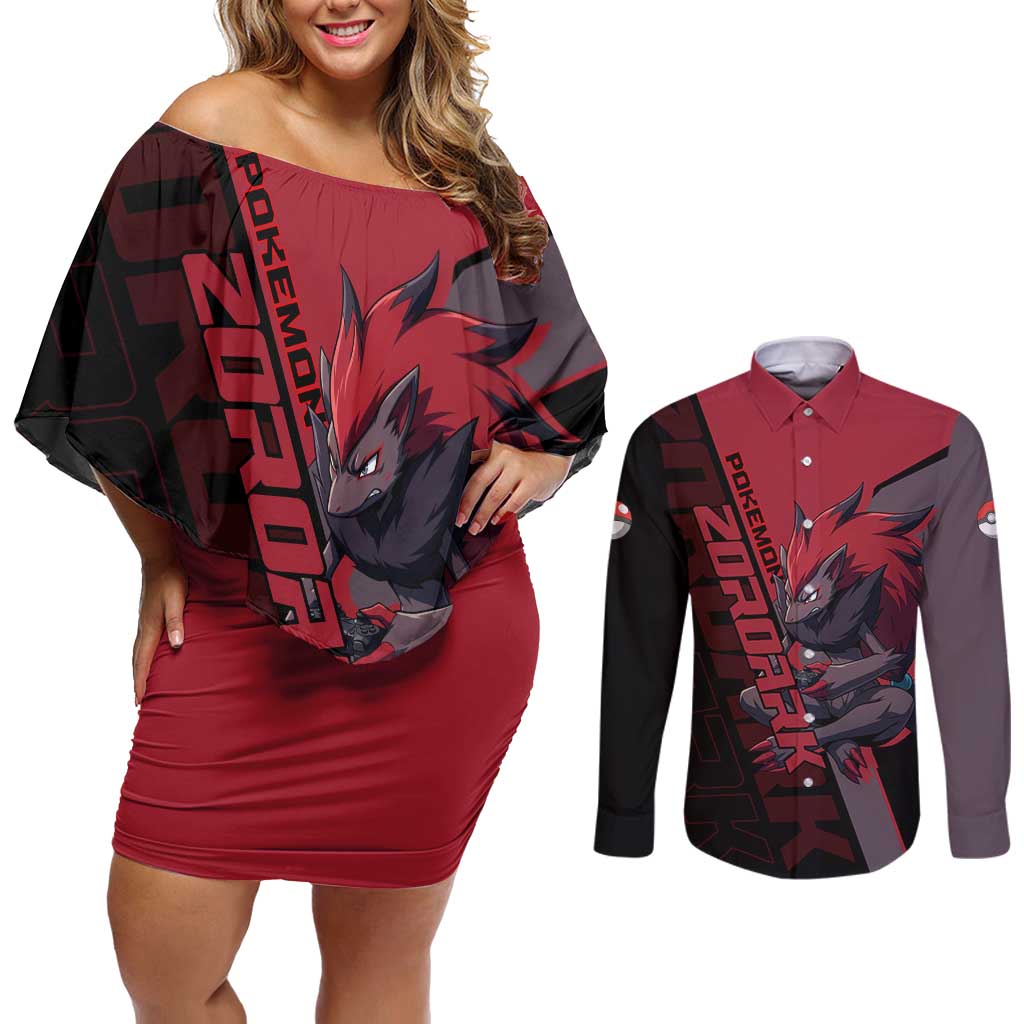 Zoroark Poké Couples Matching Off Shoulder Short Dress and Long Sleeve Button Shirt Dark Neon Anime Style