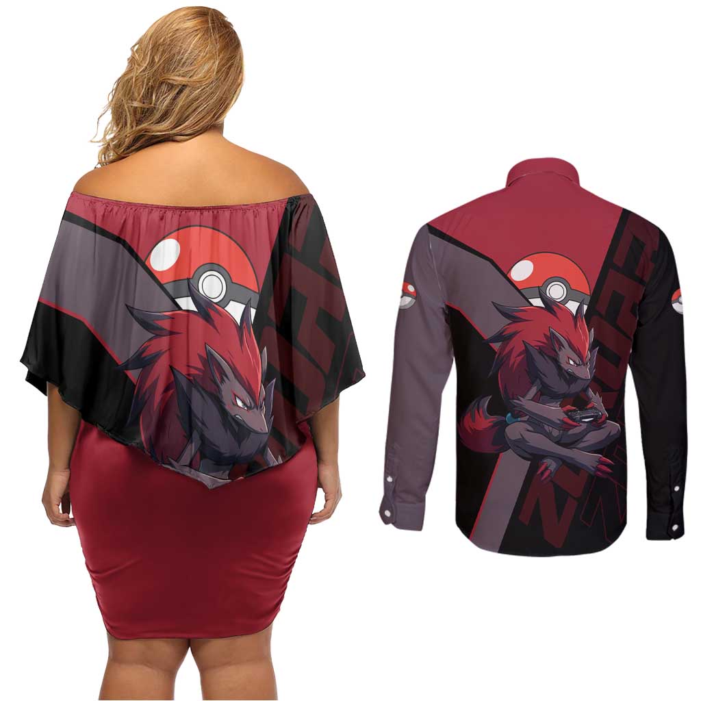Zoroark Poké Couples Matching Off Shoulder Short Dress and Long Sleeve Button Shirt Dark Neon Anime Style