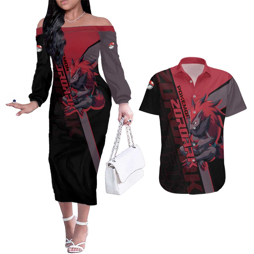 Zoroark Poké Couples Matching Off The Shoulder Long Sleeve Dress and Hawaiian Shirt Dark Neon Anime Style