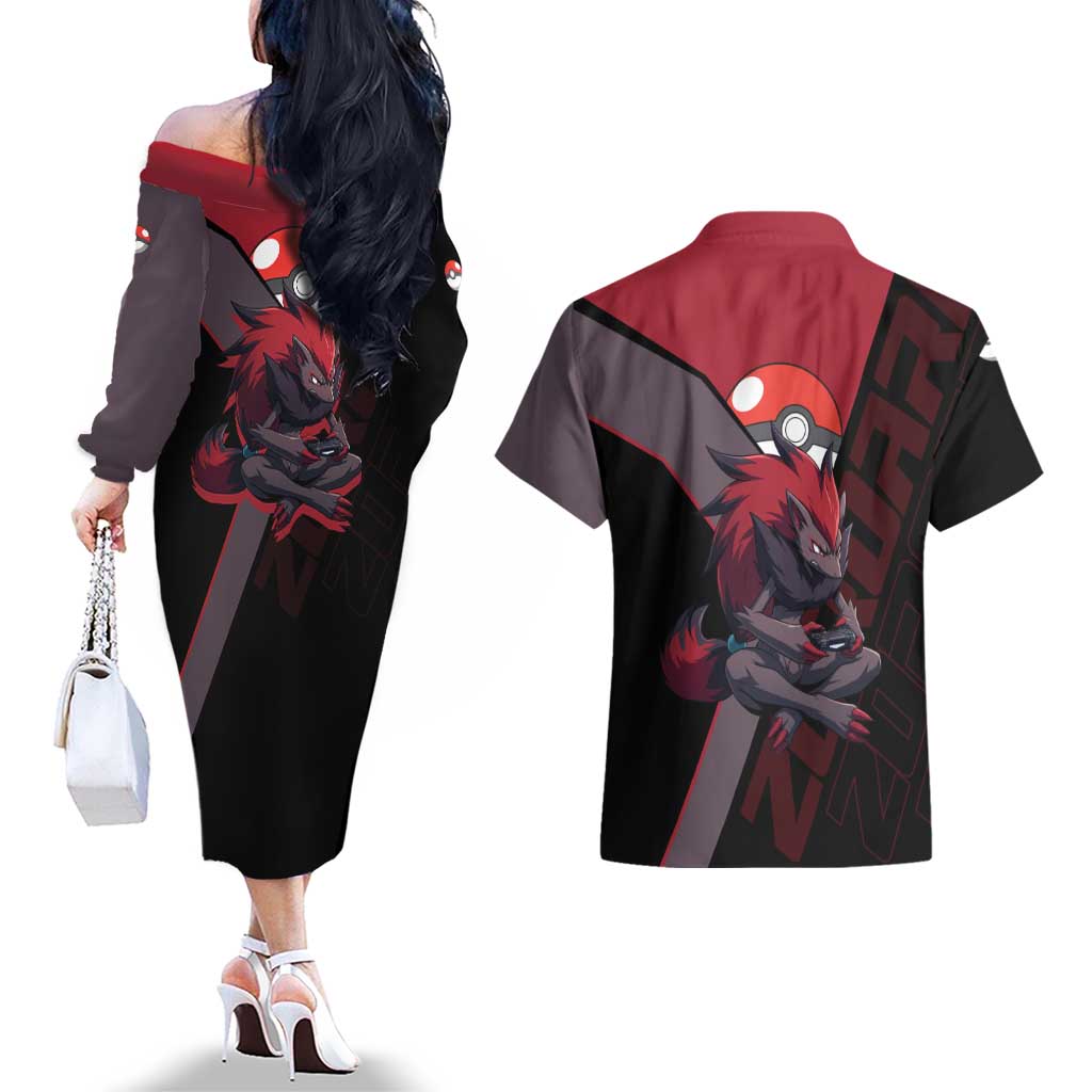 Zoroark Poké Couples Matching Off The Shoulder Long Sleeve Dress and Hawaiian Shirt Dark Neon Anime Style