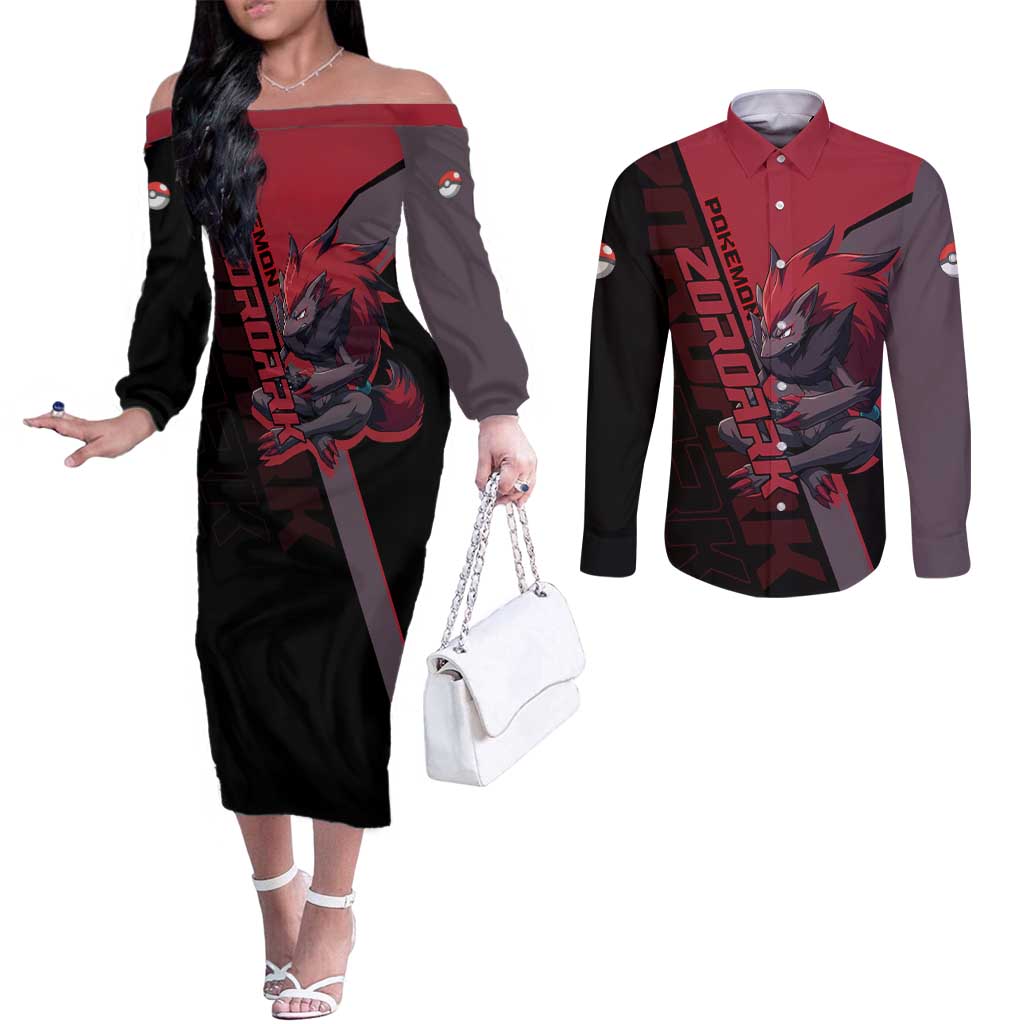 Zoroark Poké Couples Matching Off The Shoulder Long Sleeve Dress and Long Sleeve Button Shirt Dark Neon Anime Style