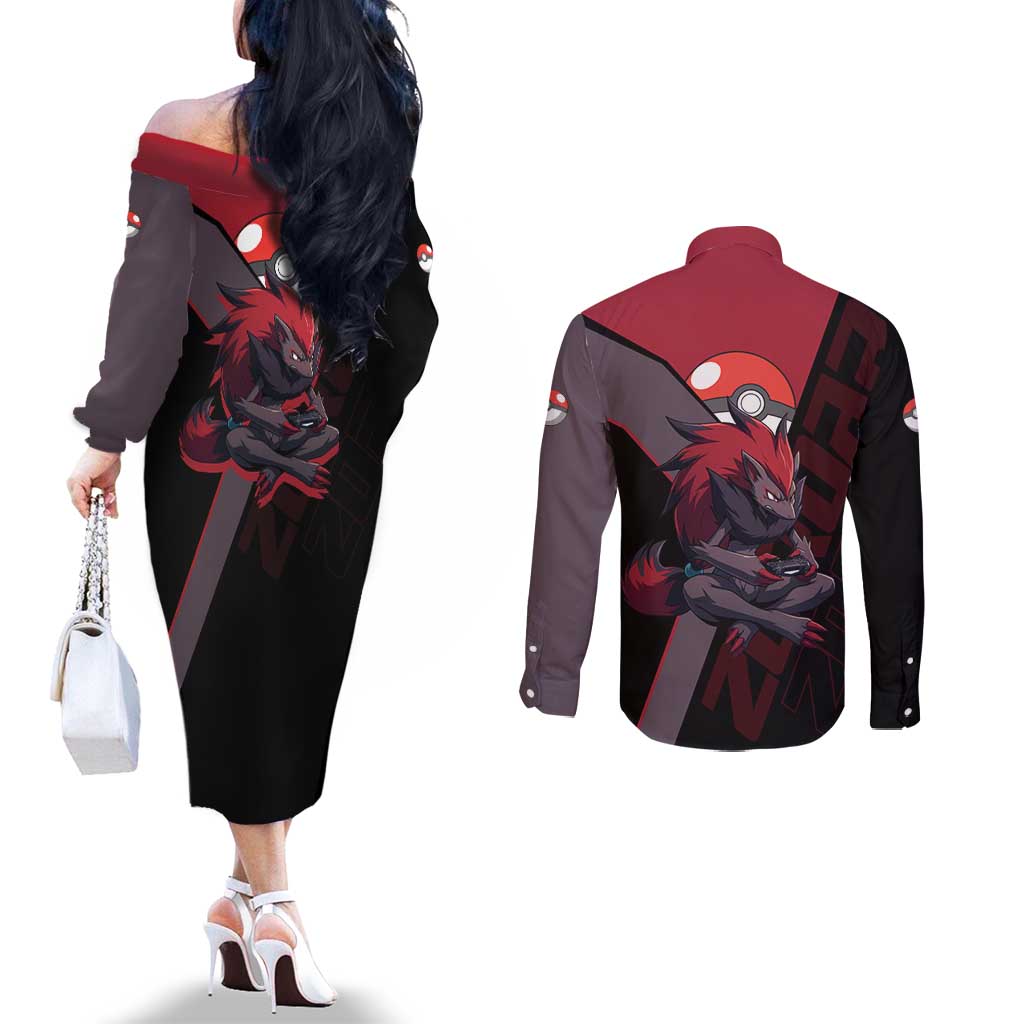 Zoroark Poké Couples Matching Off The Shoulder Long Sleeve Dress and Long Sleeve Button Shirt Dark Neon Anime Style