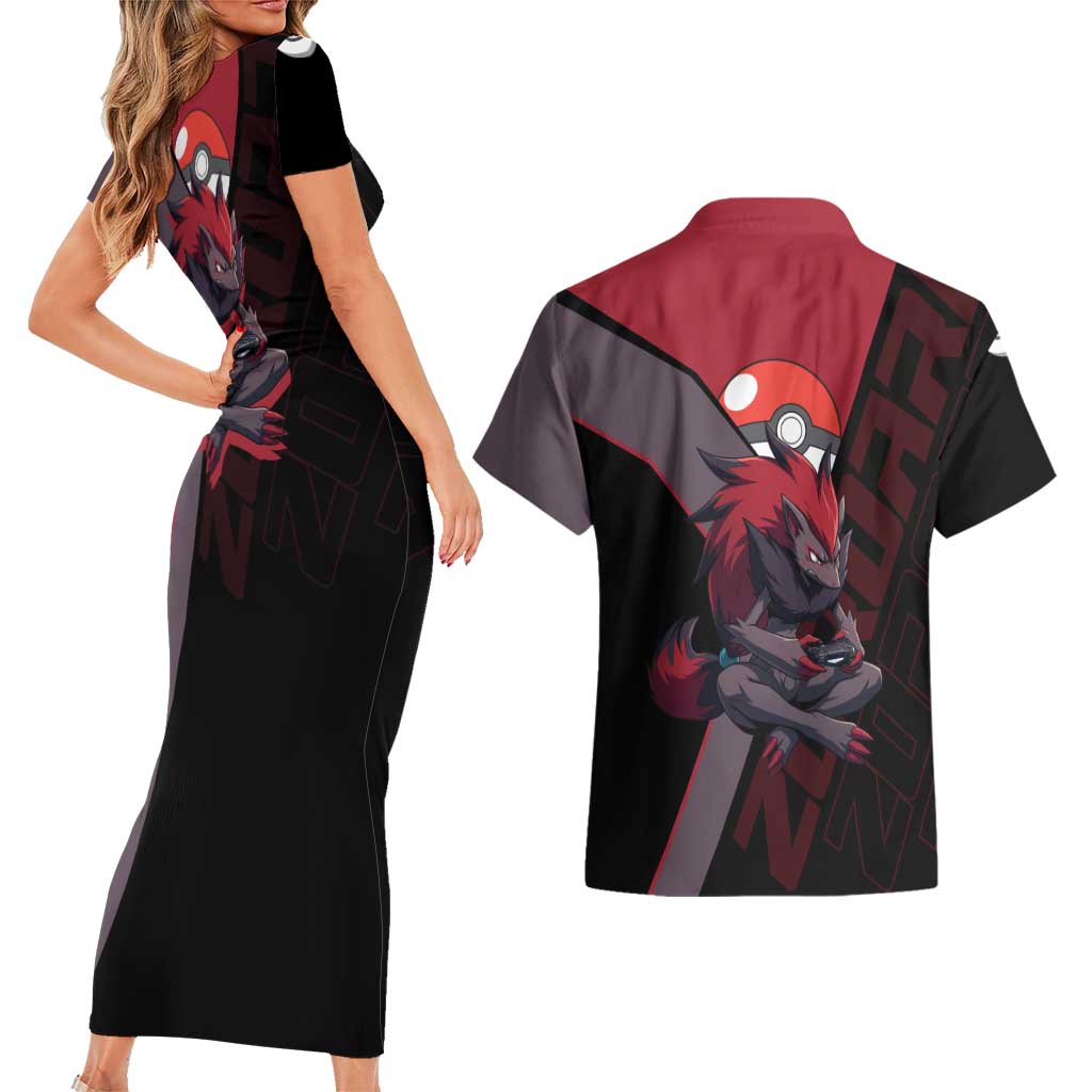 Zoroark Poké Couples Matching Short Sleeve Bodycon Dress and Hawaiian Shirt Dark Neon Anime Style