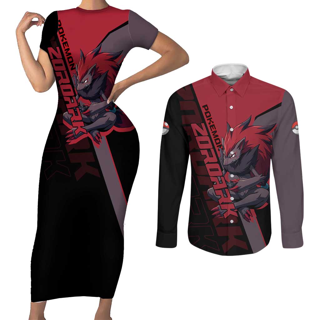 Zoroark Poké Couples Matching Short Sleeve Bodycon Dress and Long Sleeve Button Shirt Dark Neon Anime Style