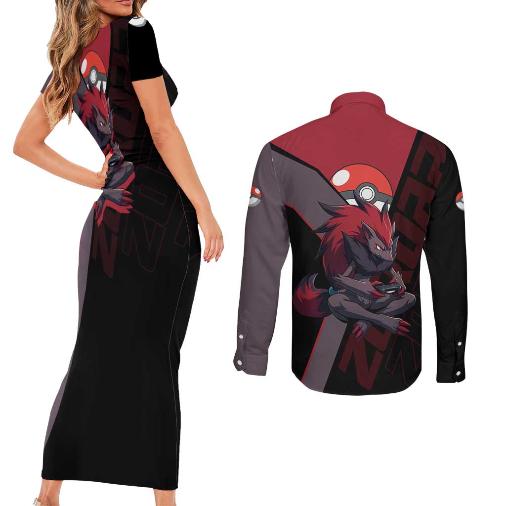 Zoroark Poké Couples Matching Short Sleeve Bodycon Dress and Long Sleeve Button Shirt Dark Neon Anime Style