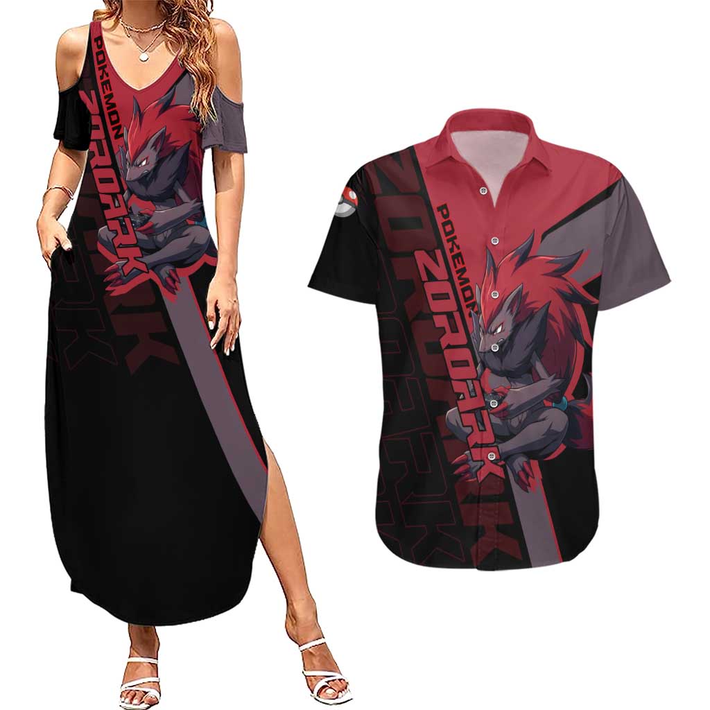 Zoroark Poké Couples Matching Summer Maxi Dress and Hawaiian Shirt Dark Neon Anime Style