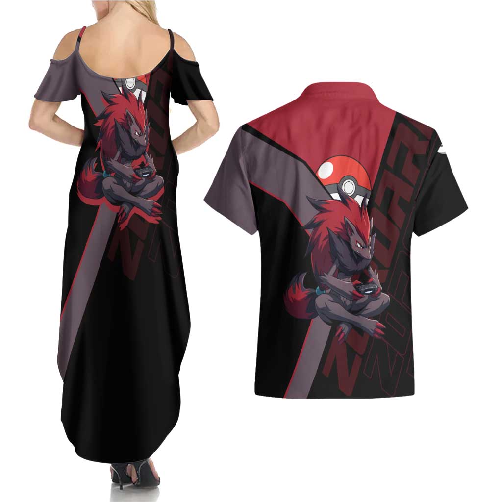 Zoroark Poké Couples Matching Summer Maxi Dress and Hawaiian Shirt Dark Neon Anime Style