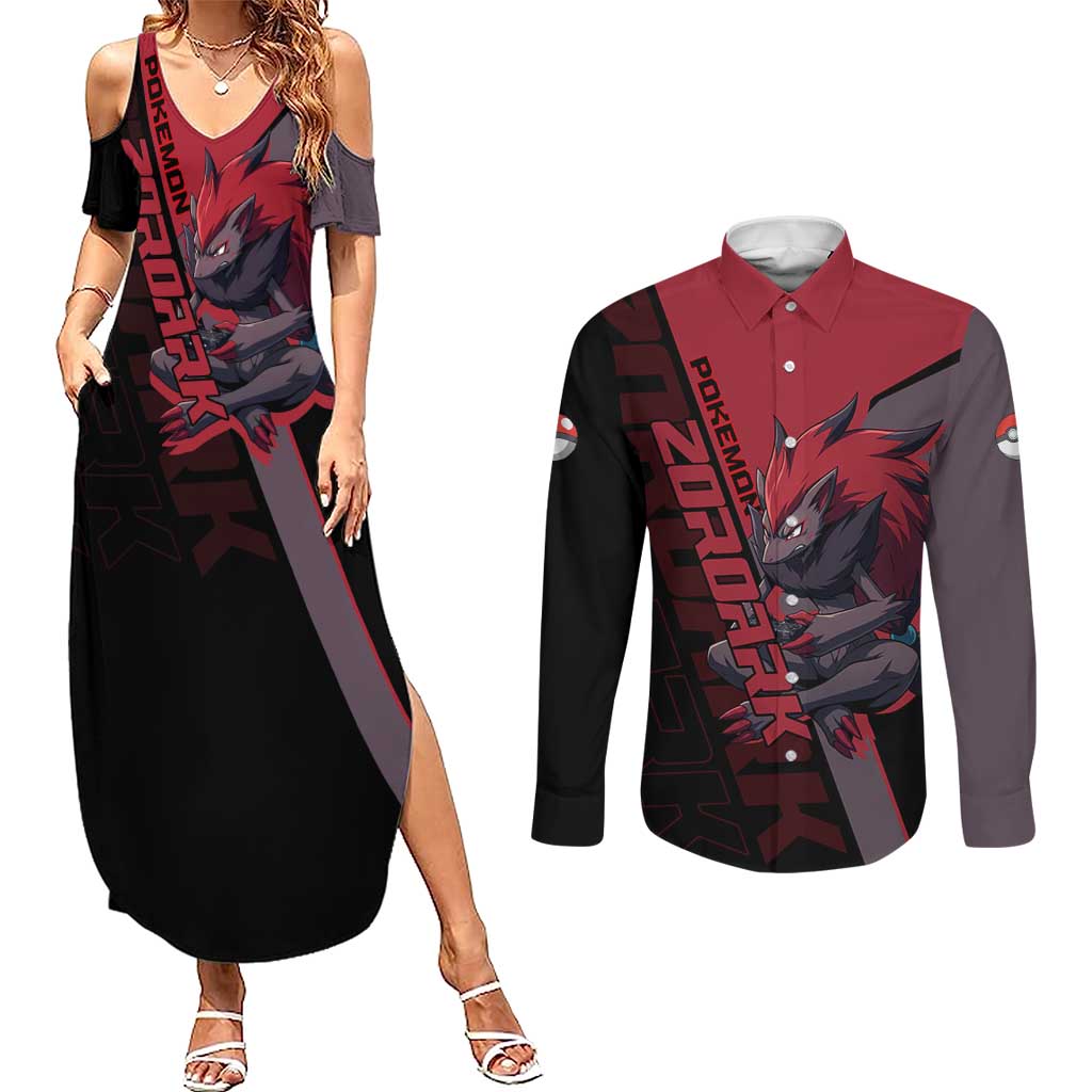 Zoroark Poké Couples Matching Summer Maxi Dress and Long Sleeve Button Shirt Dark Neon Anime Style