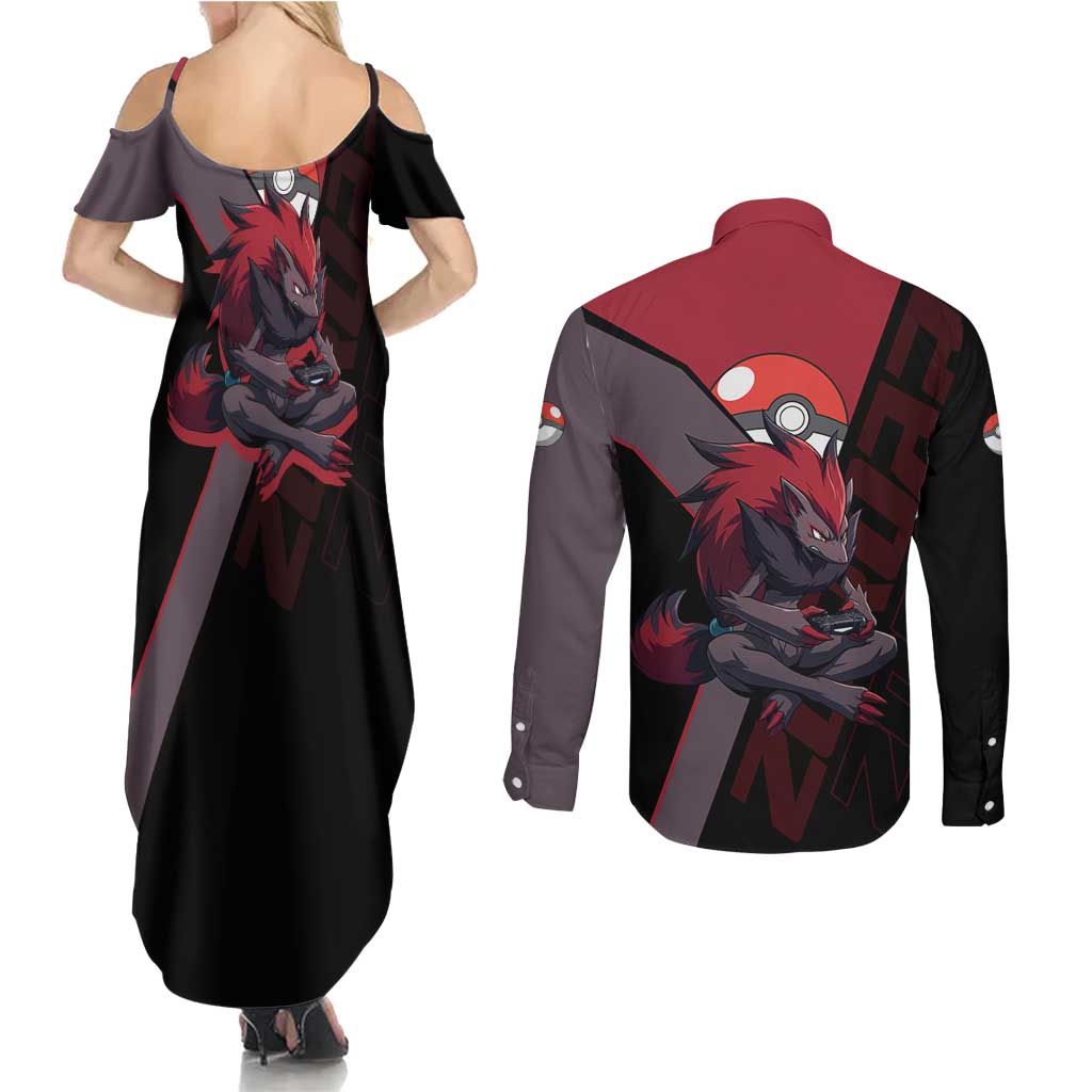 Zoroark Poké Couples Matching Summer Maxi Dress and Long Sleeve Button Shirt Dark Neon Anime Style