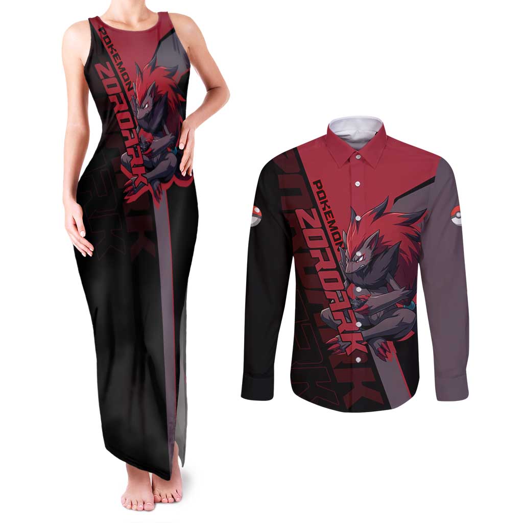 Zoroark Poké Couples Matching Tank Maxi Dress and Long Sleeve Button Shirt Dark Neon Anime Style
