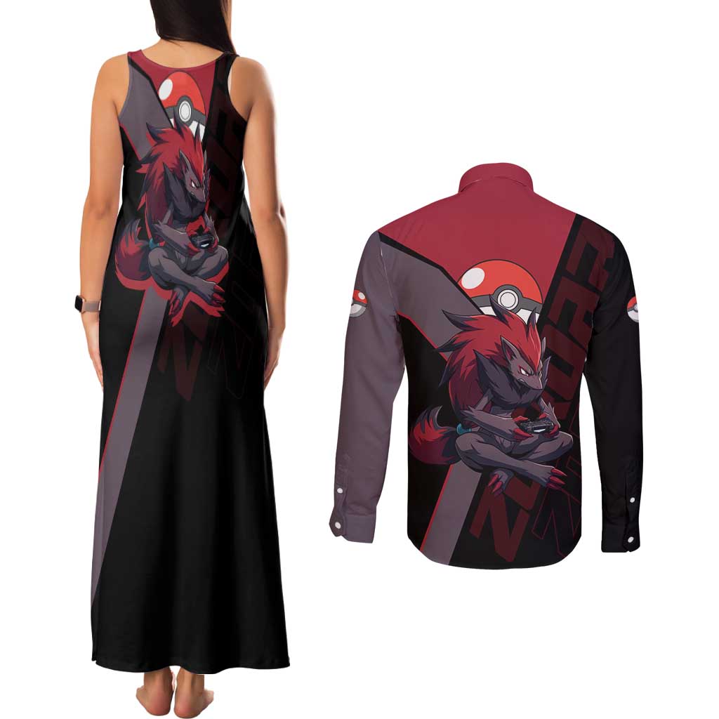 Zoroark Poké Couples Matching Tank Maxi Dress and Long Sleeve Button Shirt Dark Neon Anime Style