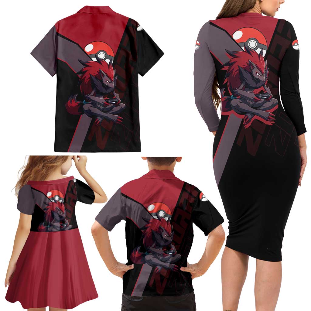 Zoroark Poké Family Matching Long Sleeve Bodycon Dress and Hawaiian Shirt Dark Neon Anime Style