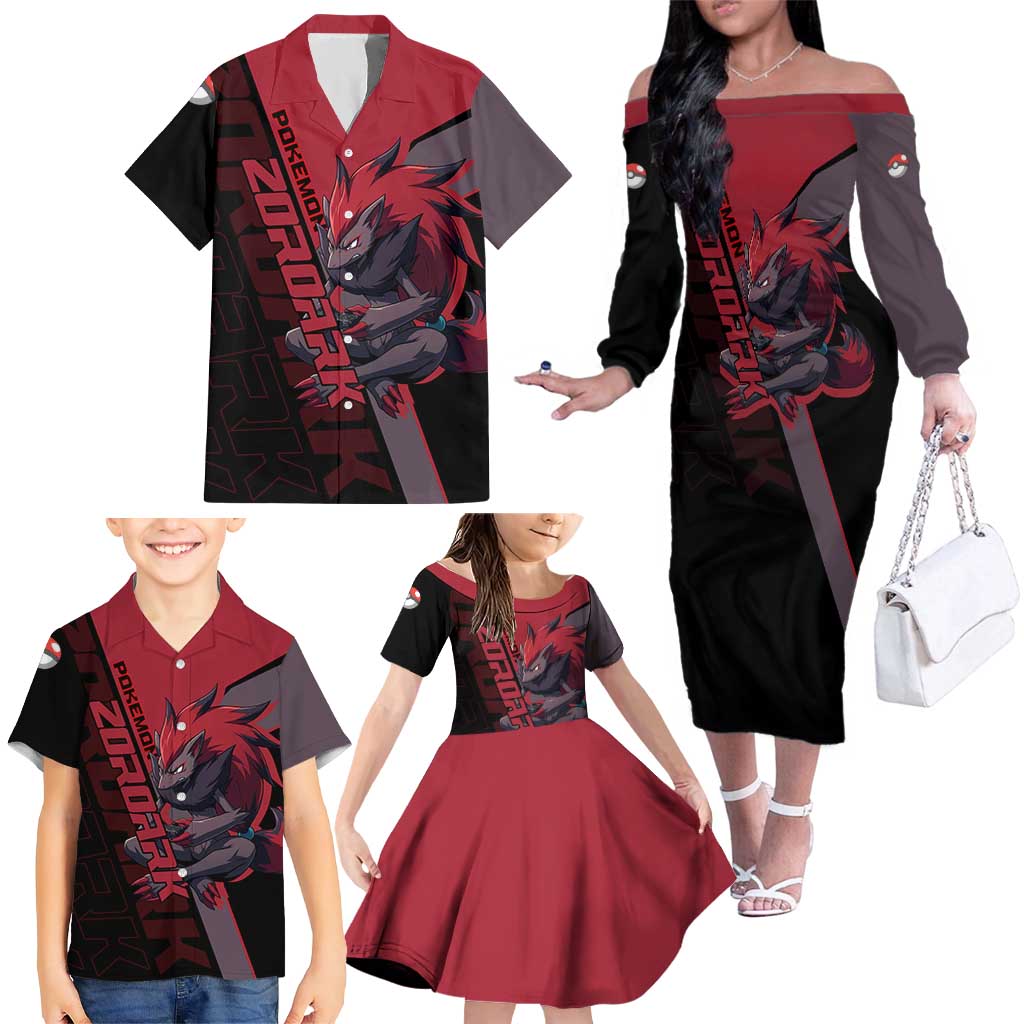 Zoroark Poké Family Matching Off The Shoulder Long Sleeve Dress and Hawaiian Shirt Dark Neon Anime Style