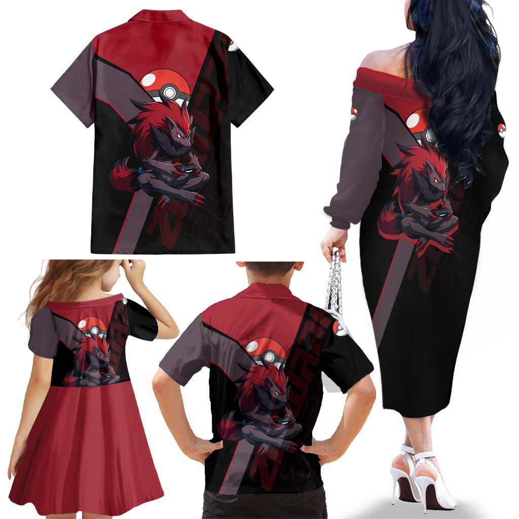 Zoroark Poké Family Matching Off The Shoulder Long Sleeve Dress and Hawaiian Shirt Dark Neon Anime Style
