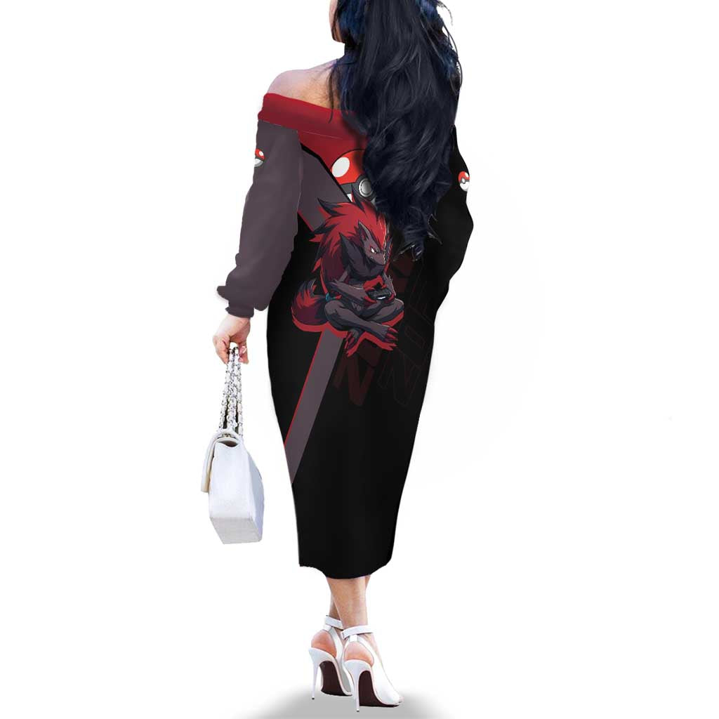 Zoroark Poké Family Matching Off The Shoulder Long Sleeve Dress and Hawaiian Shirt Dark Neon Anime Style