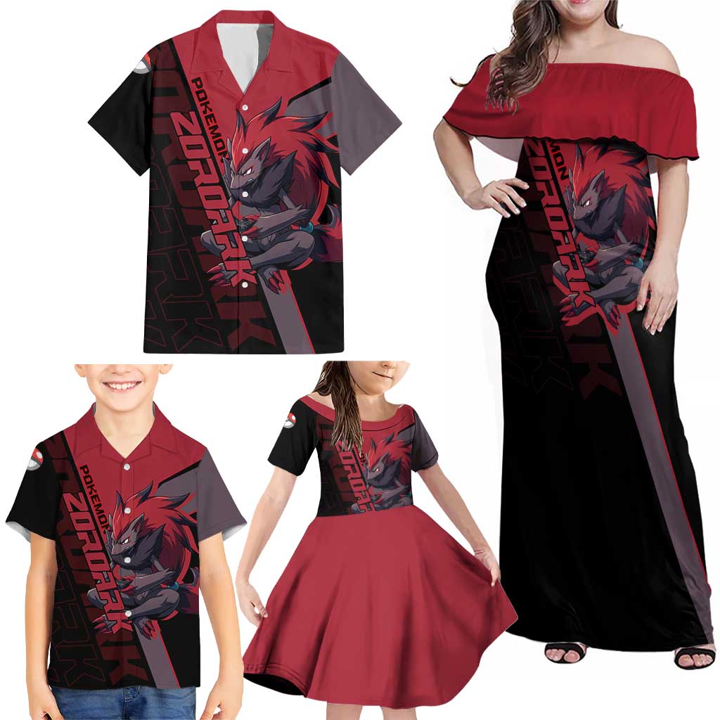 Zoroark Poké Family Matching Off Shoulder Maxi Dress and Hawaiian Shirt Dark Neon Anime Style