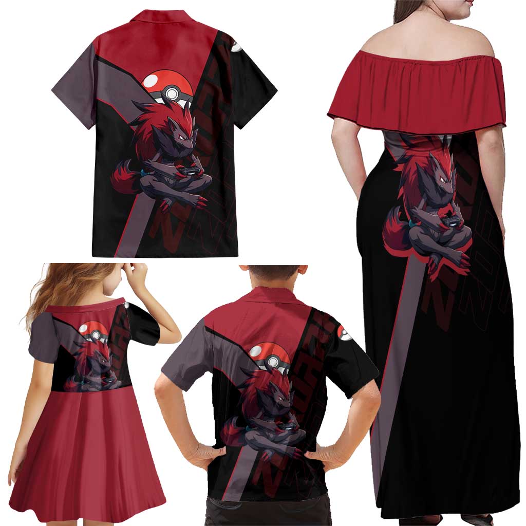 Zoroark Poké Family Matching Off Shoulder Maxi Dress and Hawaiian Shirt Dark Neon Anime Style