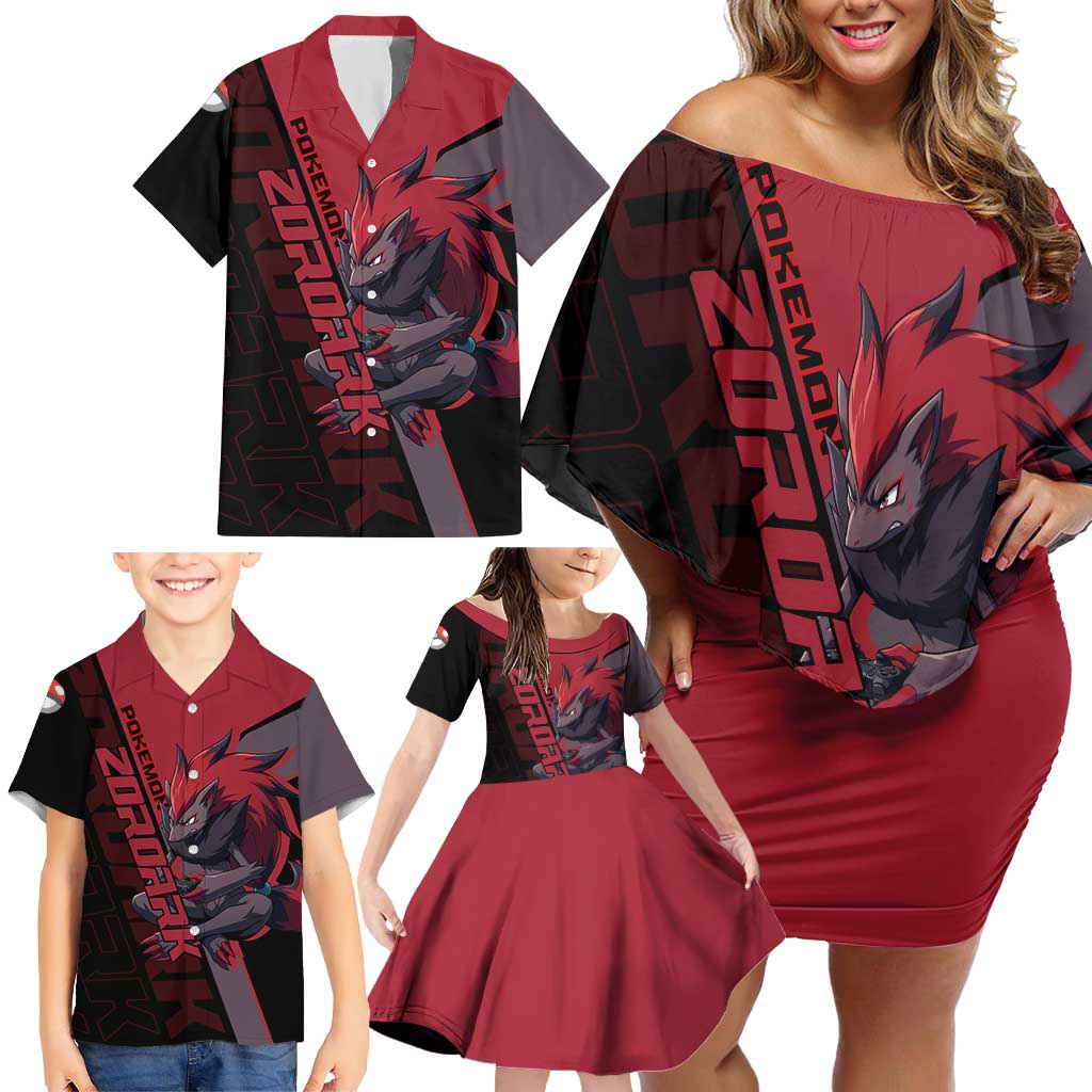 Zoroark Poké Family Matching Off Shoulder Short Dress and Hawaiian Shirt Dark Neon Anime Style