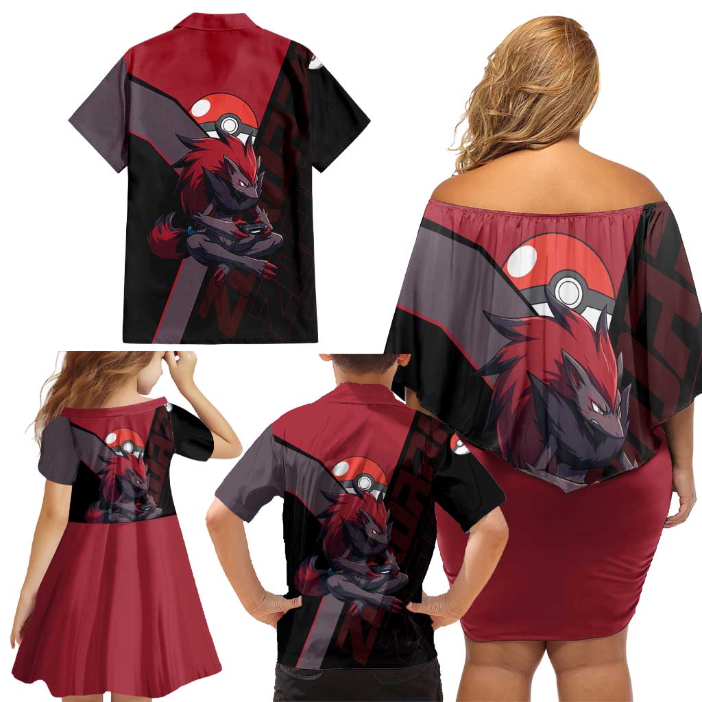 Zoroark Poké Family Matching Off Shoulder Short Dress and Hawaiian Shirt Dark Neon Anime Style