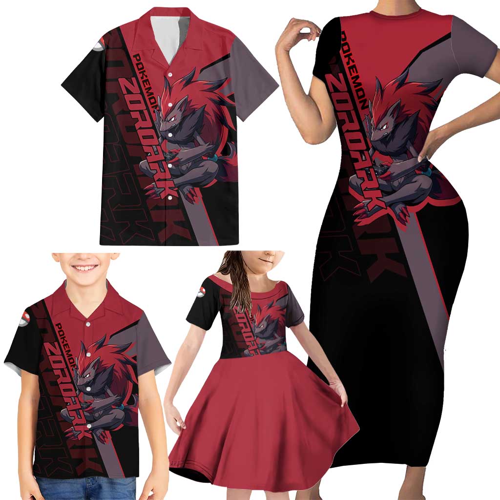 Zoroark Poké Family Matching Short Sleeve Bodycon Dress and Hawaiian Shirt Dark Neon Anime Style