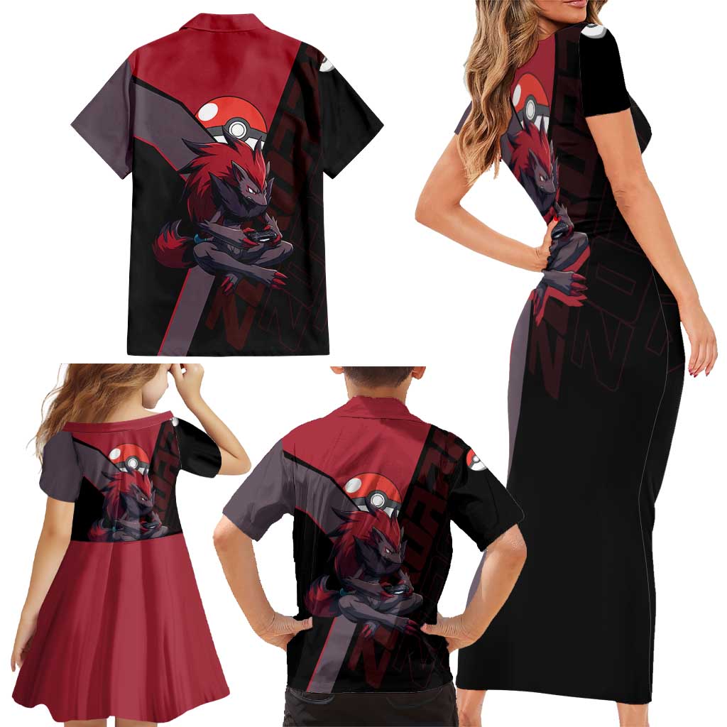 Zoroark Poké Family Matching Short Sleeve Bodycon Dress and Hawaiian Shirt Dark Neon Anime Style