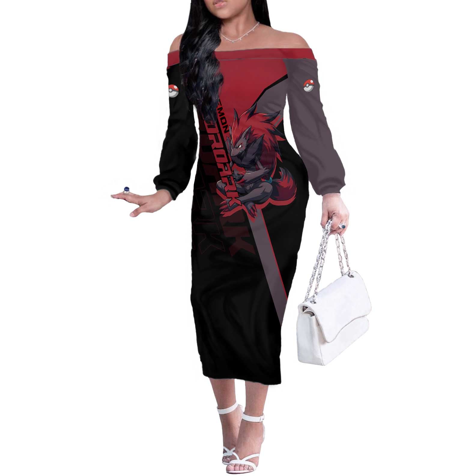 Zoroark Poké Off The Shoulder Long Sleeve Dress Dark Neon Anime Style