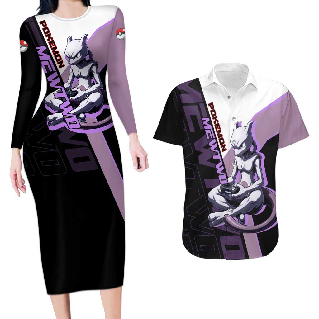 Mewtwo Poké Couples Matching Long Sleeve Bodycon Dress and Hawaiian Shirt Shadowcore Anime Style