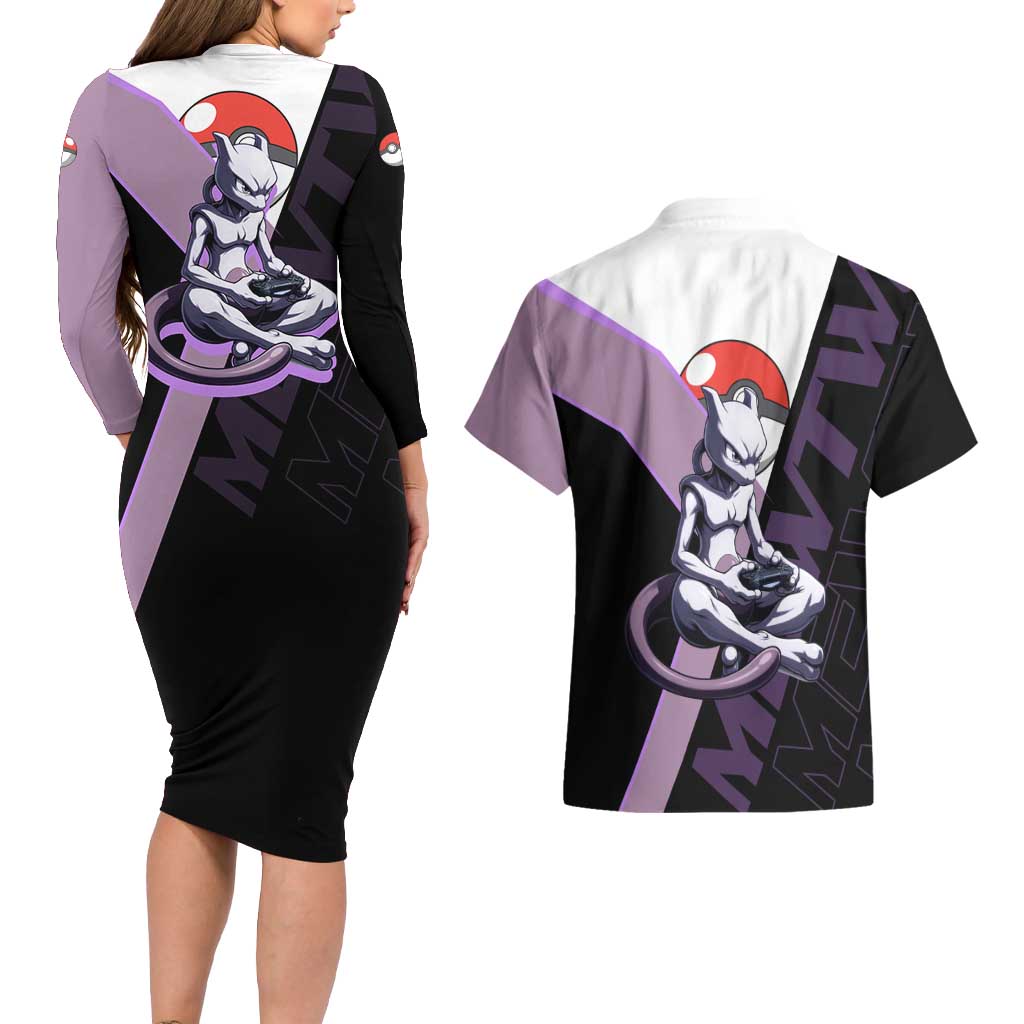 Mewtwo Poké Couples Matching Long Sleeve Bodycon Dress and Hawaiian Shirt Shadowcore Anime Style