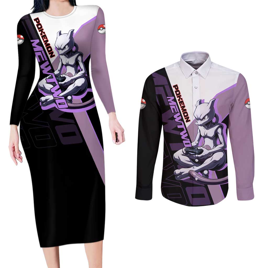 Mewtwo Poké Couples Matching Long Sleeve Bodycon Dress and Long Sleeve Button Shirt Shadowcore Anime Style
