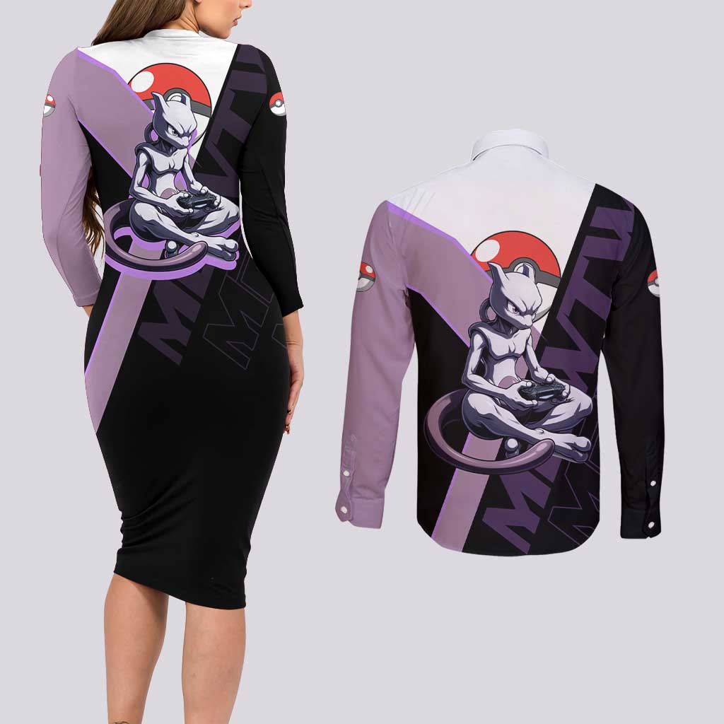 Mewtwo Poké Couples Matching Long Sleeve Bodycon Dress and Long Sleeve Button Shirt Shadowcore Anime Style
