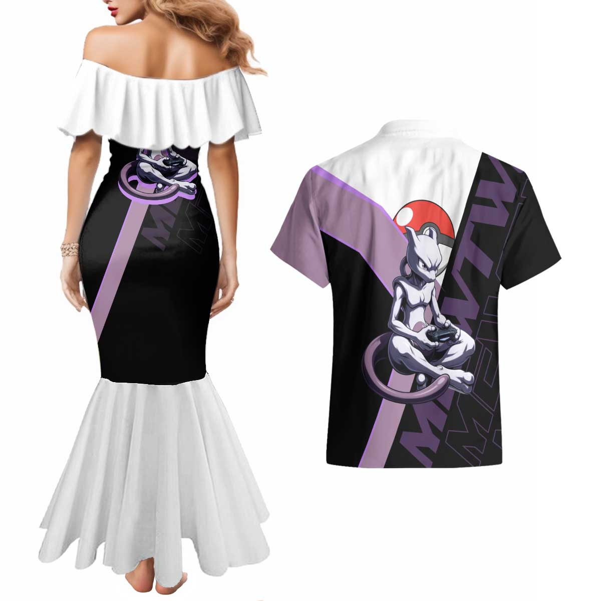 Mewtwo Poké Couples Matching Mermaid Dress and Hawaiian Shirt Shadowcore Anime Style