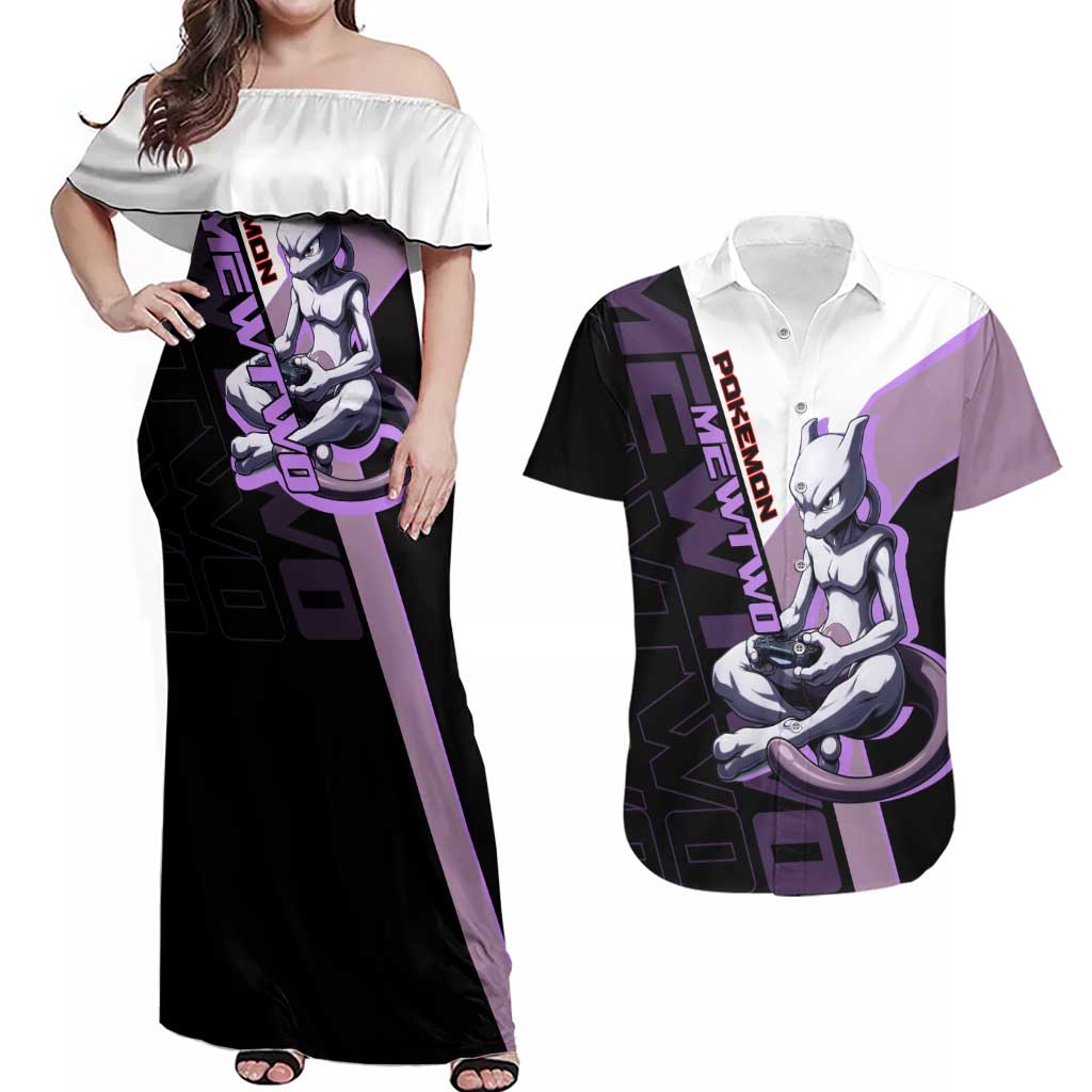 Mewtwo Poké Couples Matching Off Shoulder Maxi Dress and Hawaiian Shirt Shadowcore Anime Style