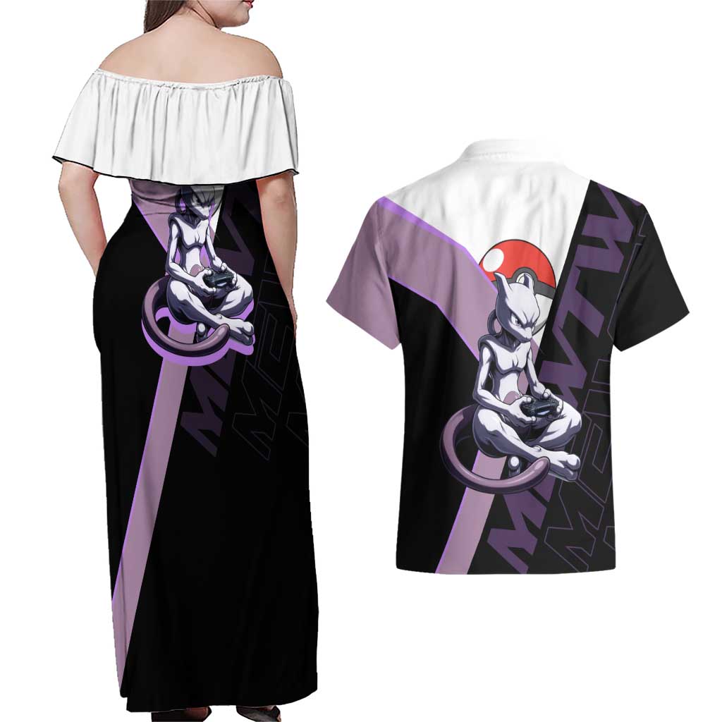 Mewtwo Poké Couples Matching Off Shoulder Maxi Dress and Hawaiian Shirt Shadowcore Anime Style